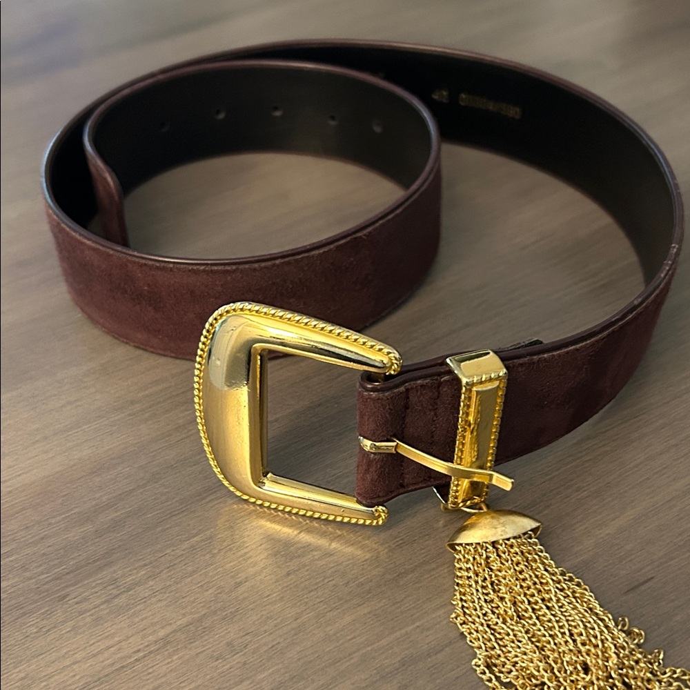 Escada  burgundy suede Belt with Gold Buckle, 29”-33”
